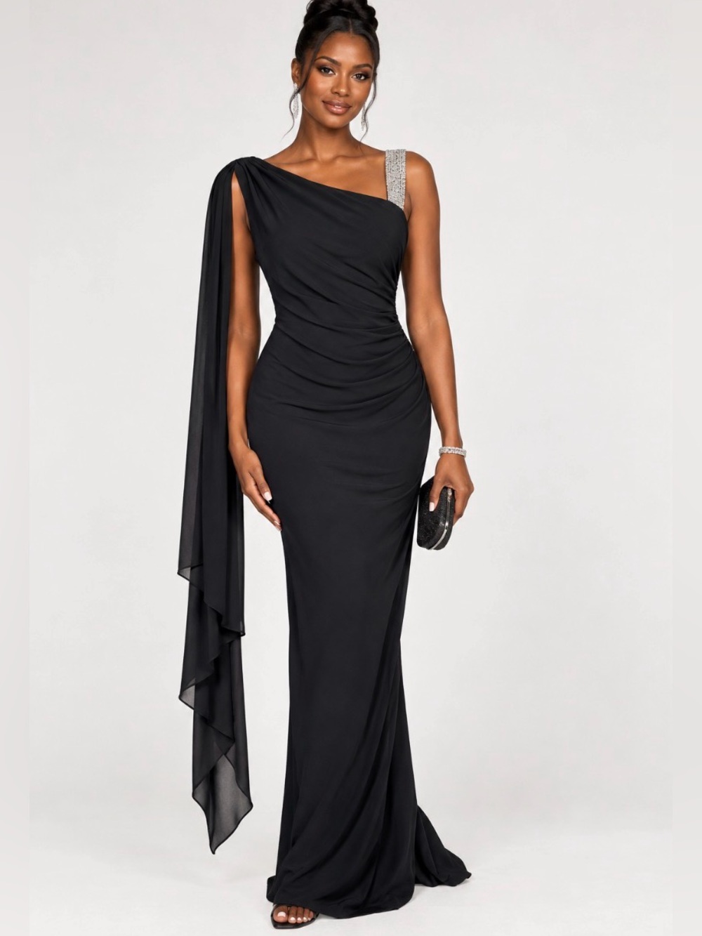 NWT Le Chateau Elegant Black Evening Gown with Draped Chiffon Detail